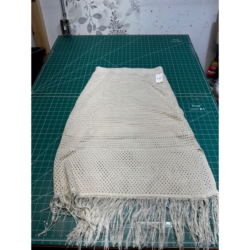 Cato Cream Crochet Knit Fringe Skirt Metallic Gold Shimmer Boho Lined Small